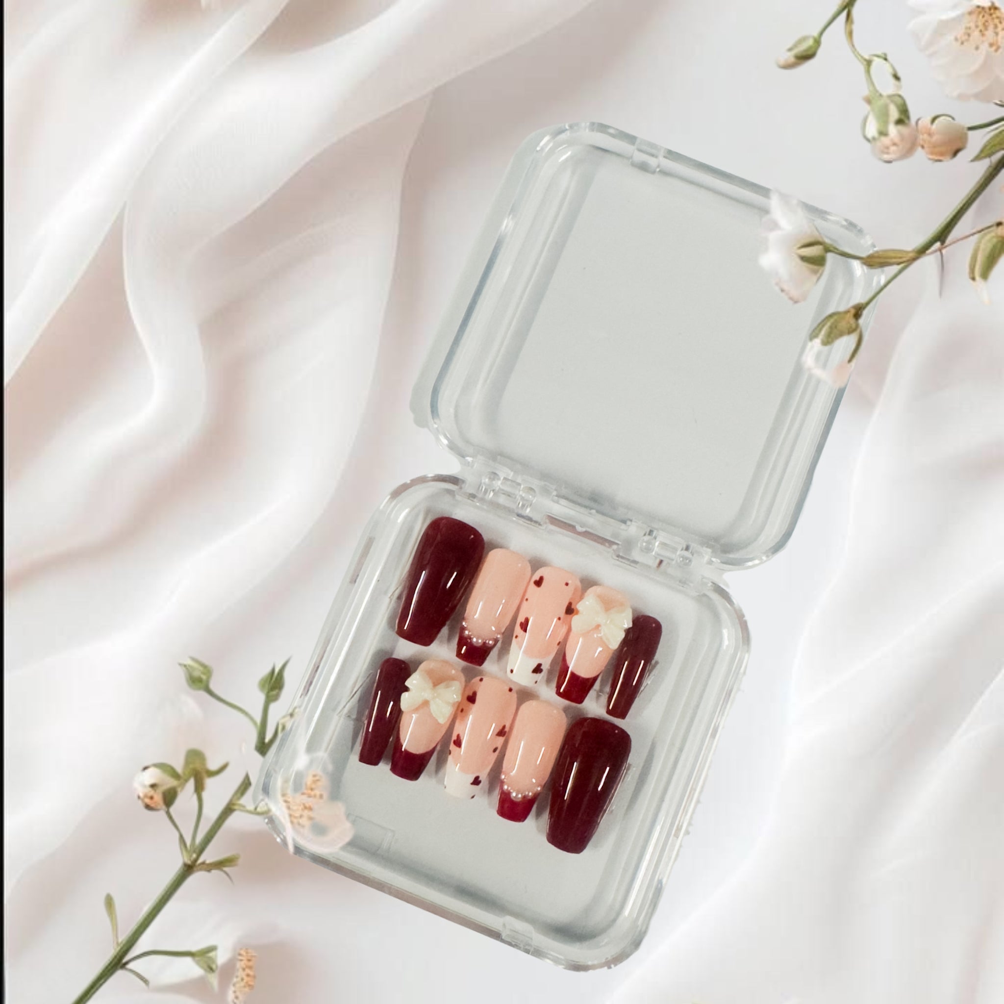 Scarlet Romance – Glossora Red & Nude Press-On Nails with 3D Floral Accent