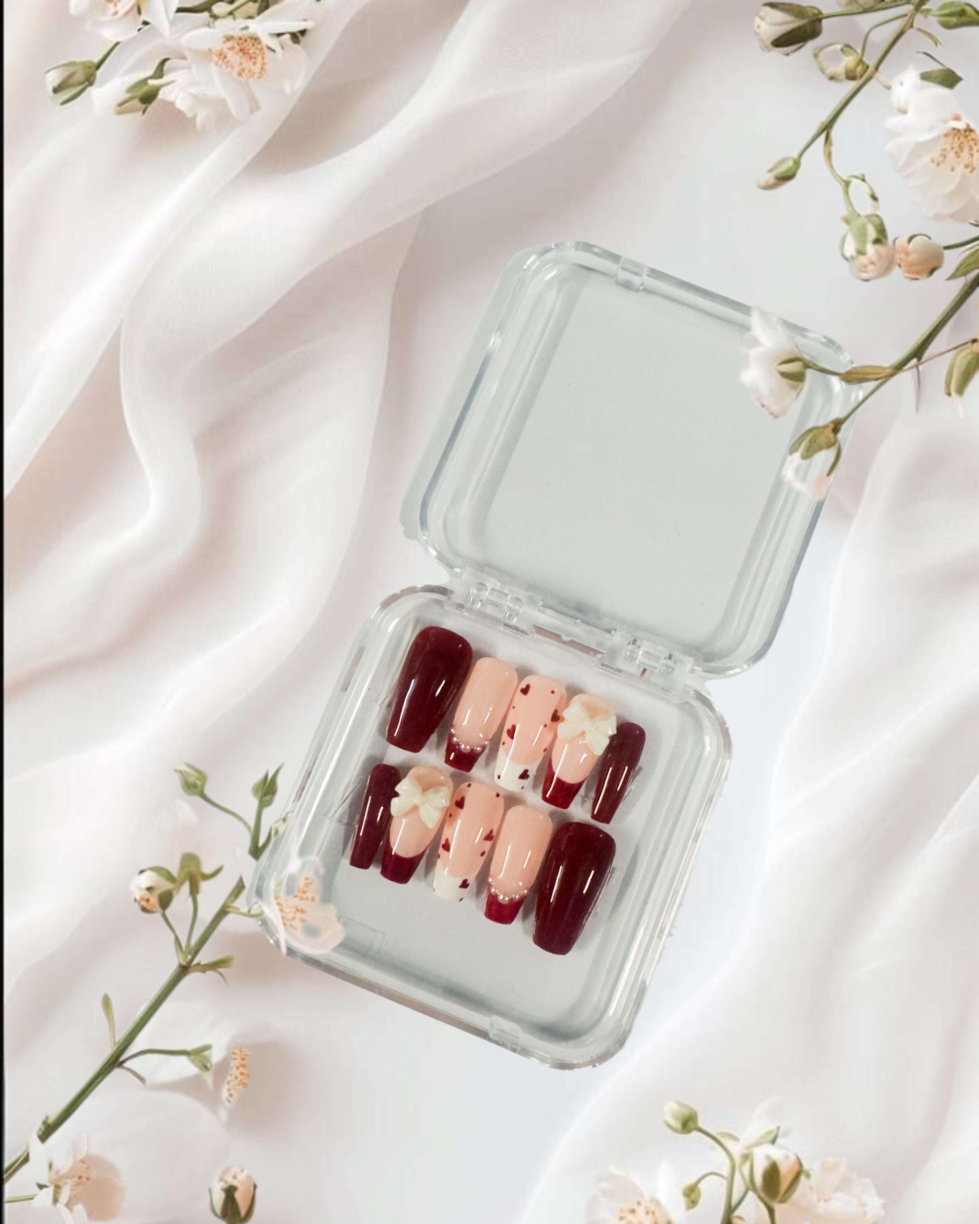 Scarlet Romance – Glossora Red & Nude Press-On Nails with 3D Floral Accent