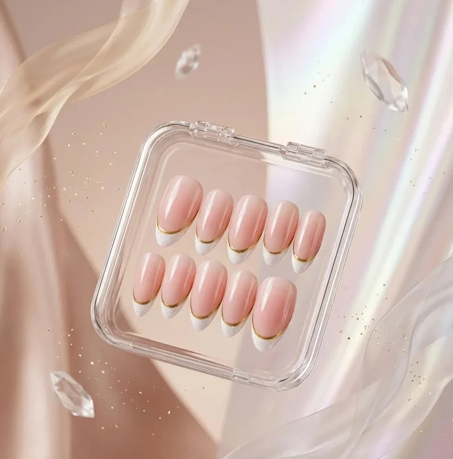 Set of pink press-on nails in a clear case on a soft, light background.Handmade reusable press on nails