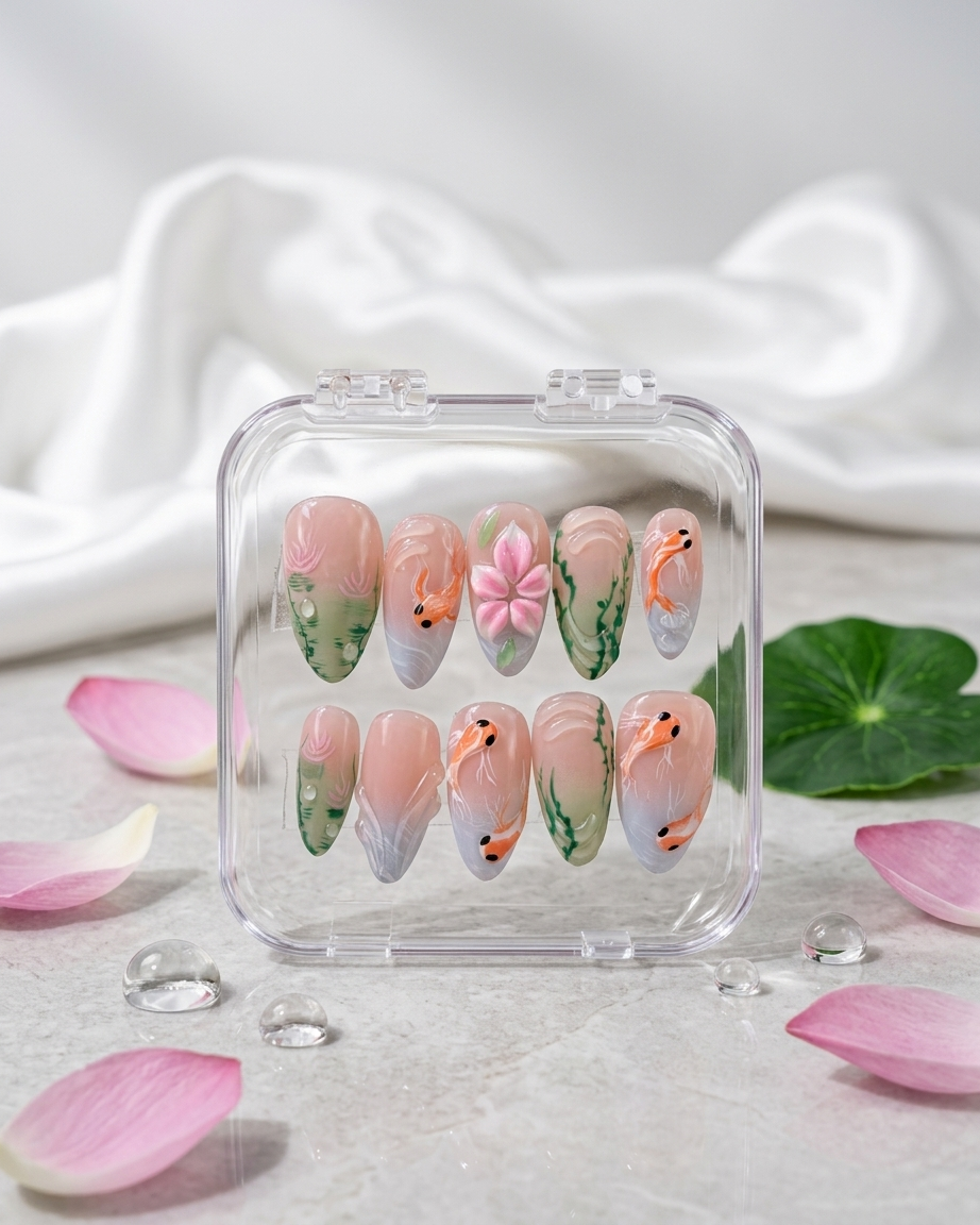 Goldfish pond handmade reusable press on nails by Glossora