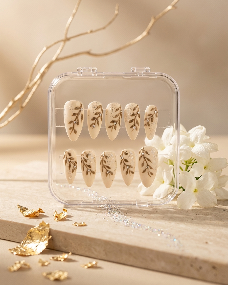 Bronze ivory botanica handmade reusable press on nails by Glossora