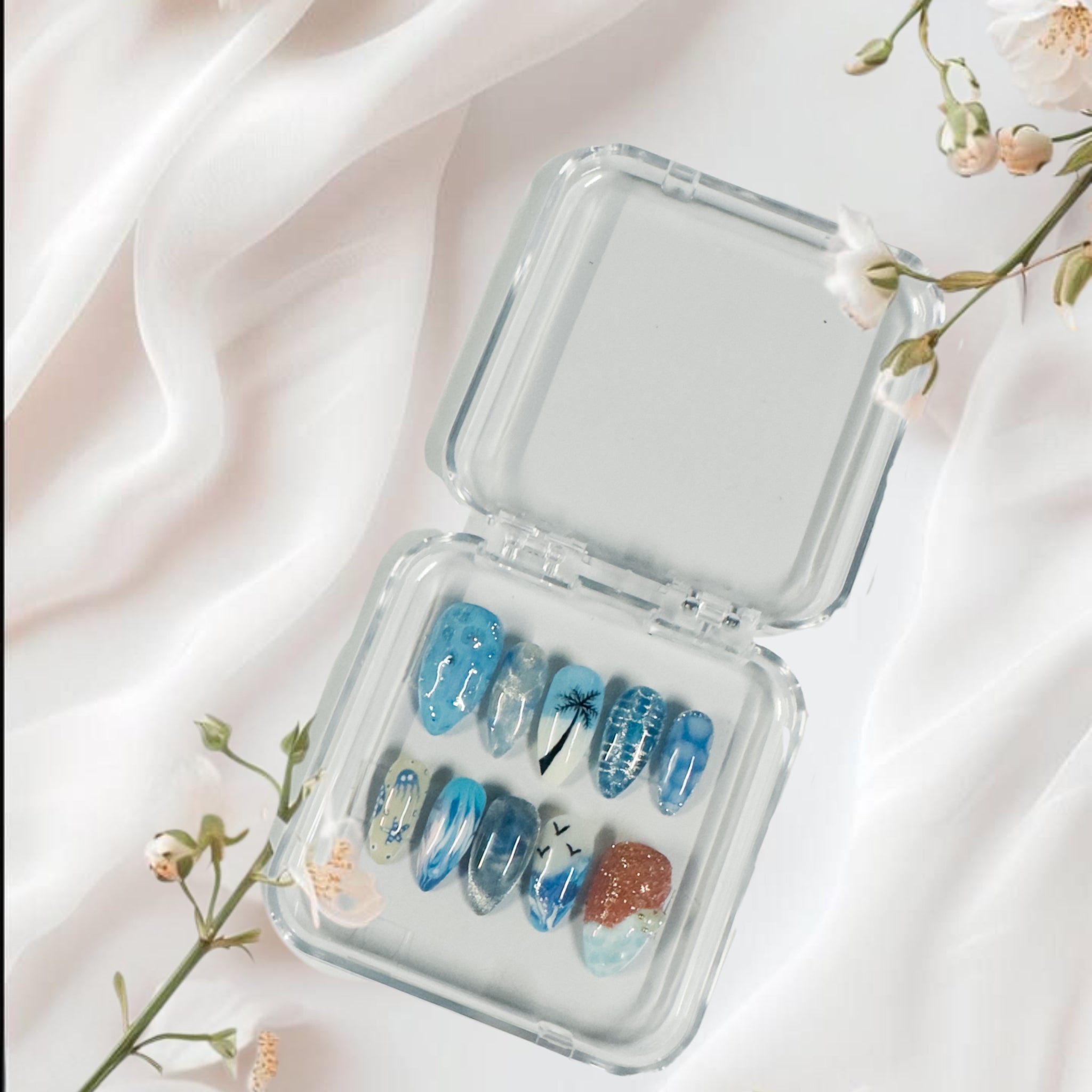 Ocean Escape – Glossora Blue Beach-Inspired Press-On Nails with Palm & Wave Design