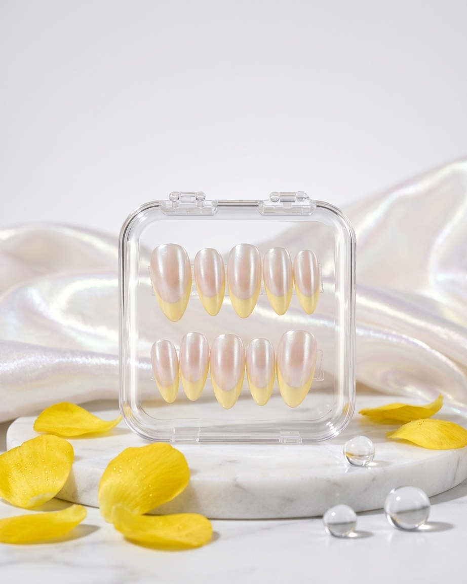 Yellow lemon french handmade reusable press on nails by Glossora