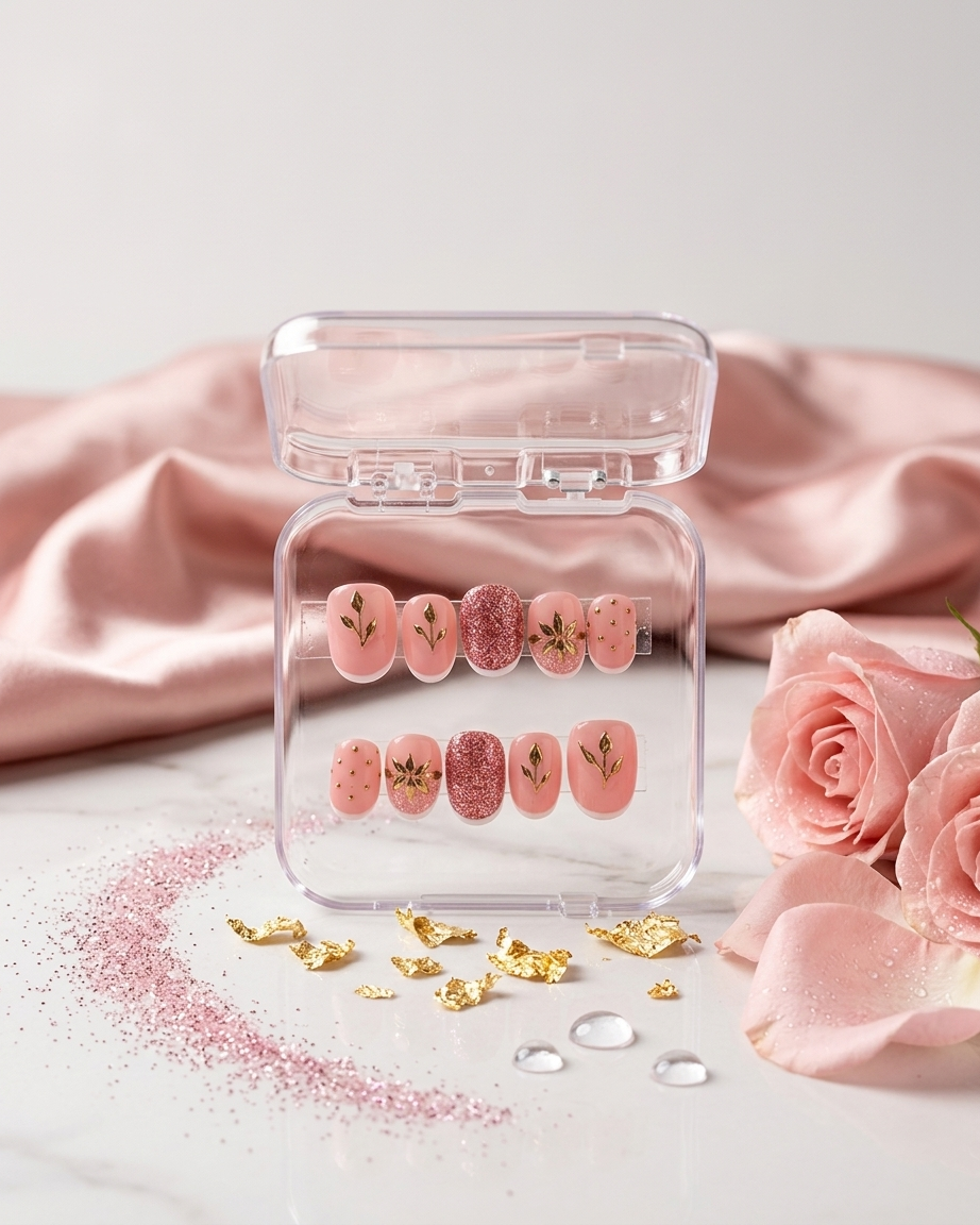 Shiny pink floral handmade reusable press on nails by Glossora