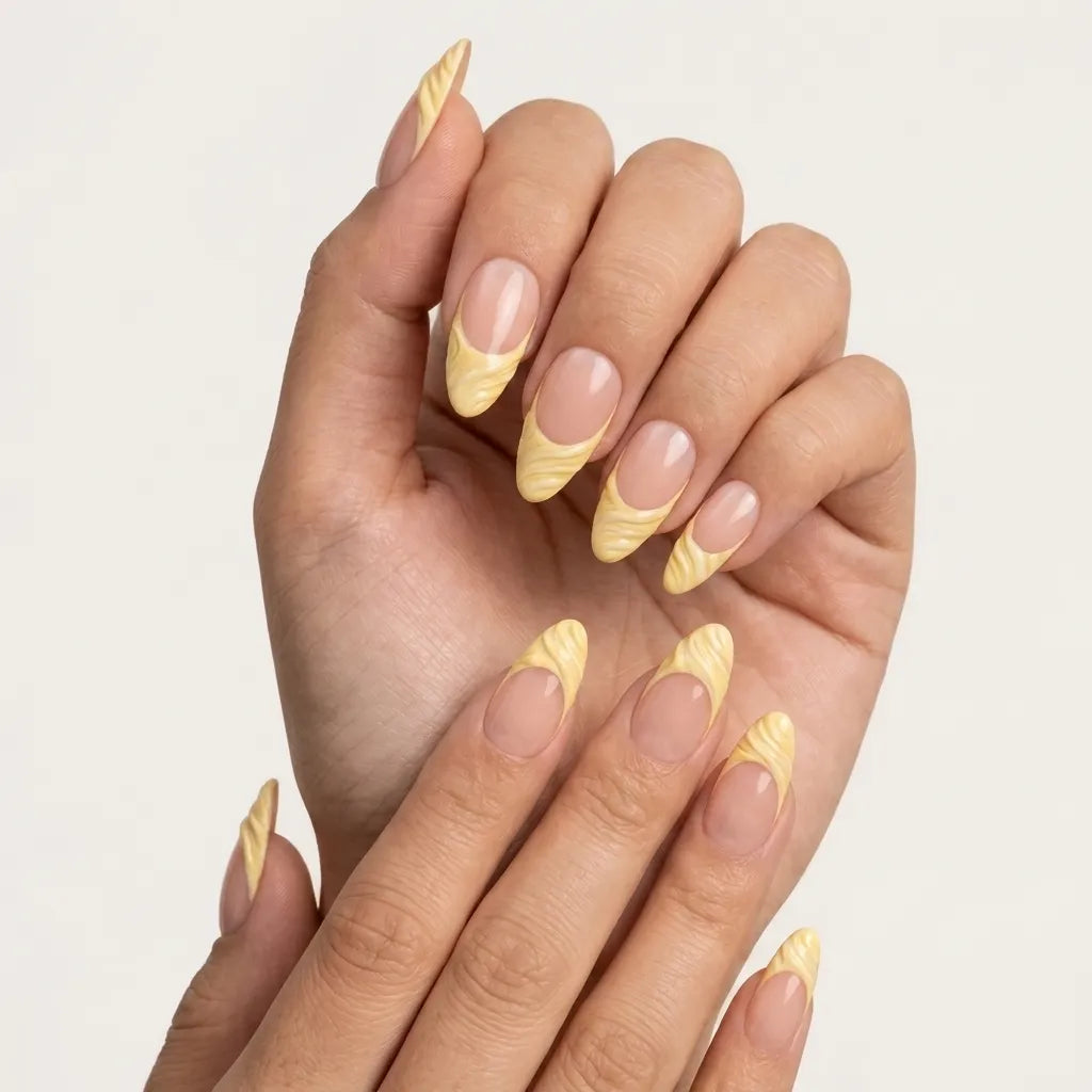 Ten false press-on nails arranged in a clear plastic case on a light beige fabric background, with decorative flowers and a gold ring around the edges. The nails have a glossy pale pink base with a yellow marbled pattern at the tips.