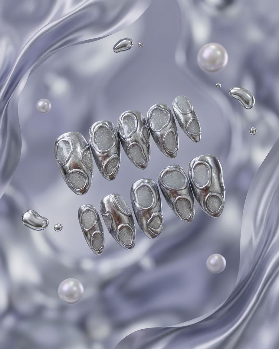 Liquid mercury handmade reusable press on nails by Glossora