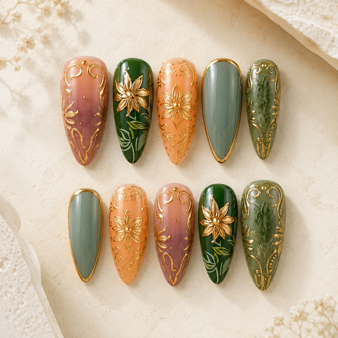 Ten almond-shaped press-on nails arranged in two rows on a textured cream surface. The nails feature a mix of sage green, dusty pink, and metallic gold designs, including floral and baroque patterns.