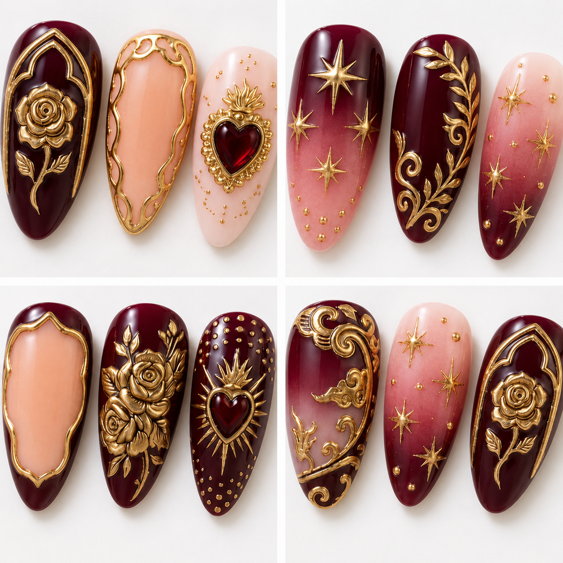 A set of ten decorative press-on nails arranged in two rows on a light cream surface with soft fabric and pearl props. The nails feature deep burgundy, blush pink, and gold ornamental designs including roses, stars, hearts, and scrollwork.