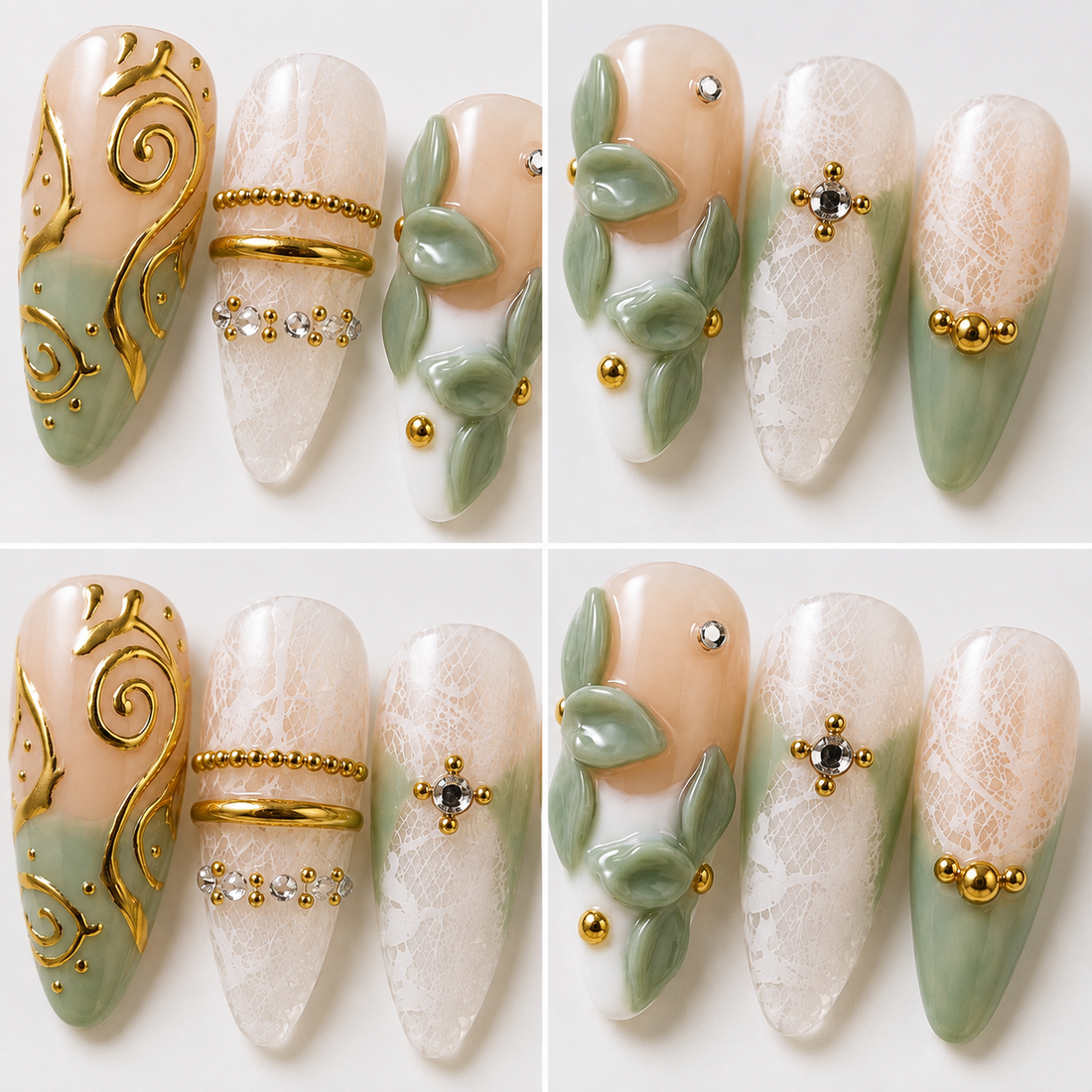 A set of 10 decorative press-on nails arranged in two rows on a light cream textured background with floral and lace props. The nails feature a mix of pale peach, mint green, white lace, gold foil swirls, pearl-like bead details, and small rhinestone accents.