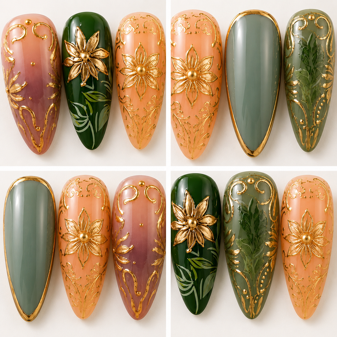 Ten almond-shaped press-on nails arranged in two rows on a textured cream surface. The nails feature a mix of sage green, dusty pink, and metallic gold designs, including floral and baroque patterns.