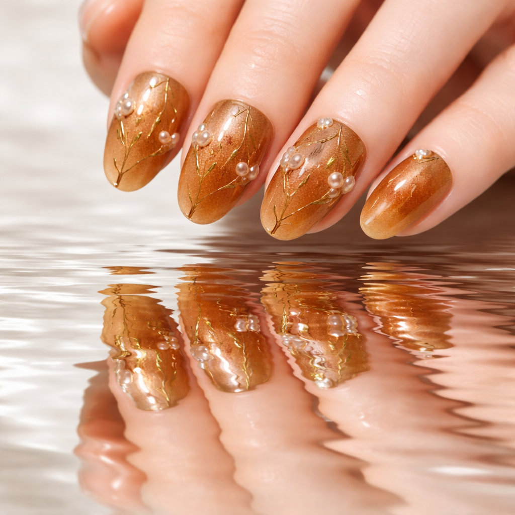 Amber-brown botanical press-on nail set 🤎🍃✨