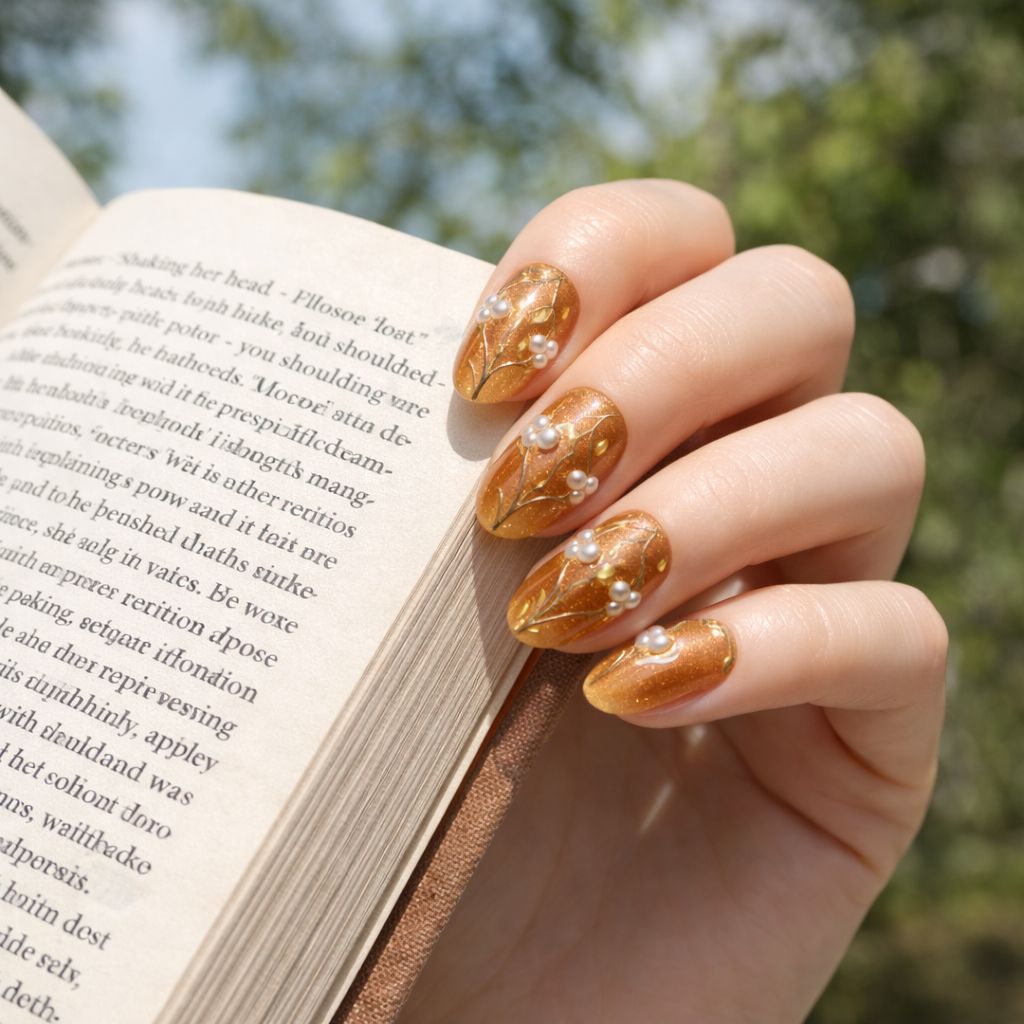 Amber-brown botanical press-on nail set 🤎🍃✨