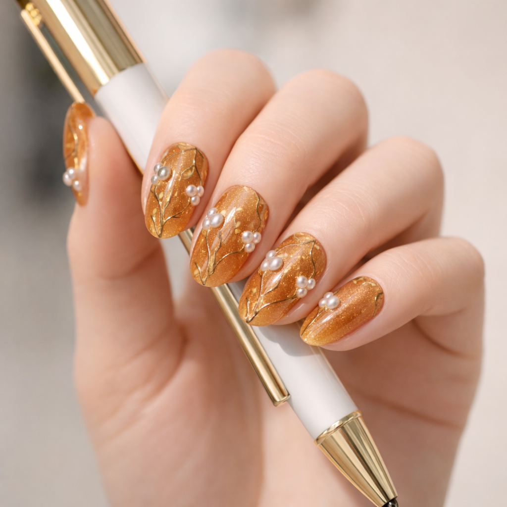 Amber-brown botanical press-on nail set 🤎🍃✨