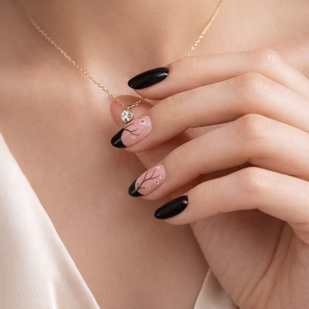 Black & blush floral press-on nail