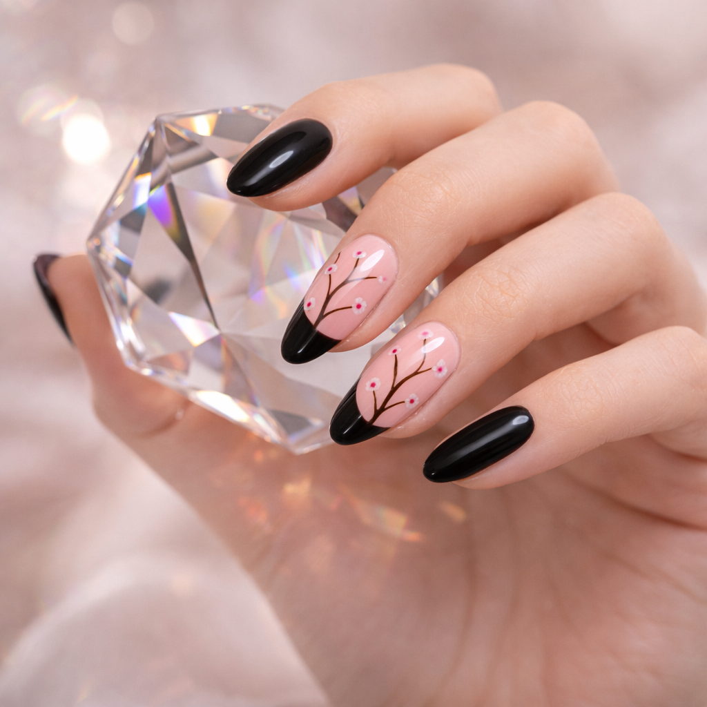 Black & blush floral press-on nail