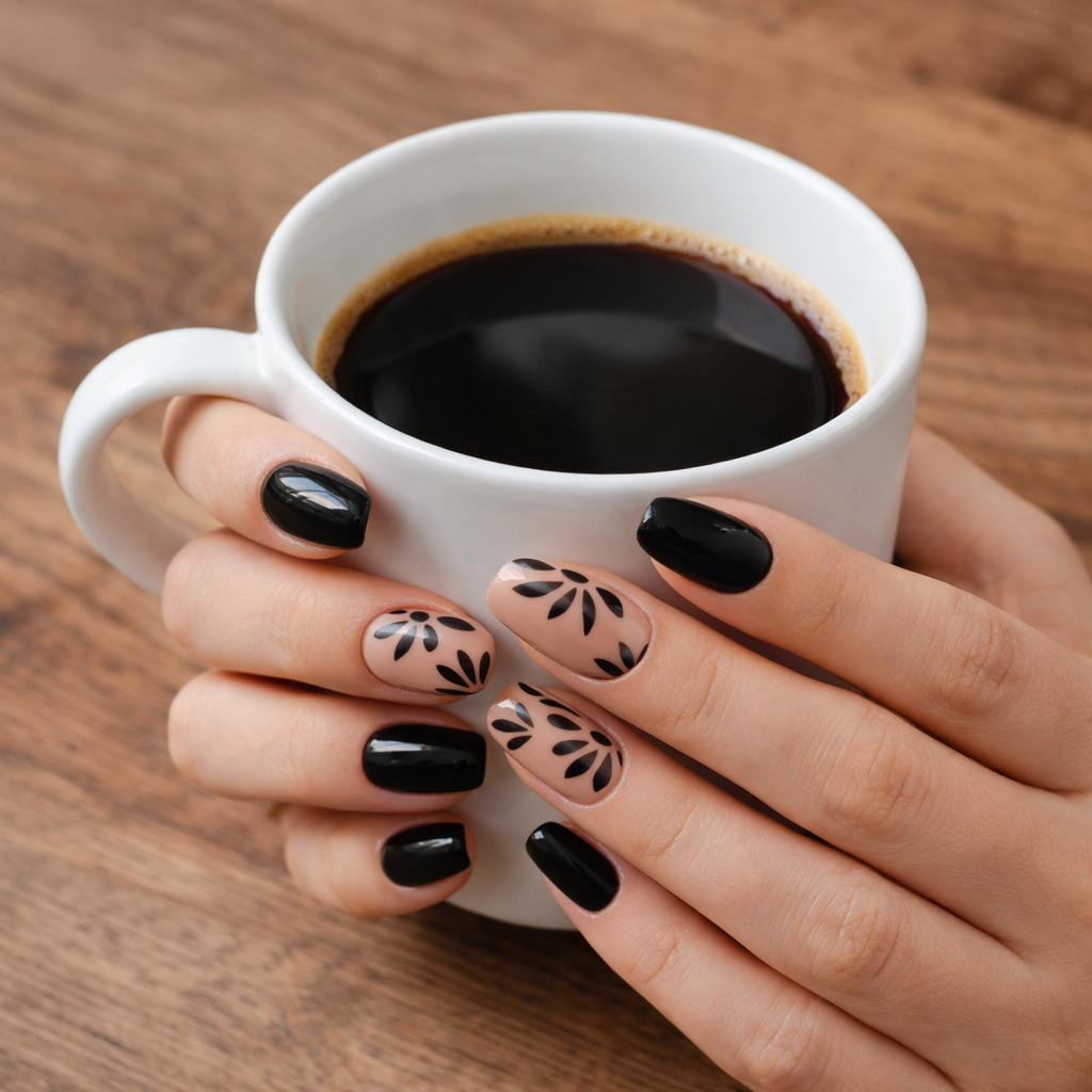 Black & nude botanical press-on nail set 🖤🌿