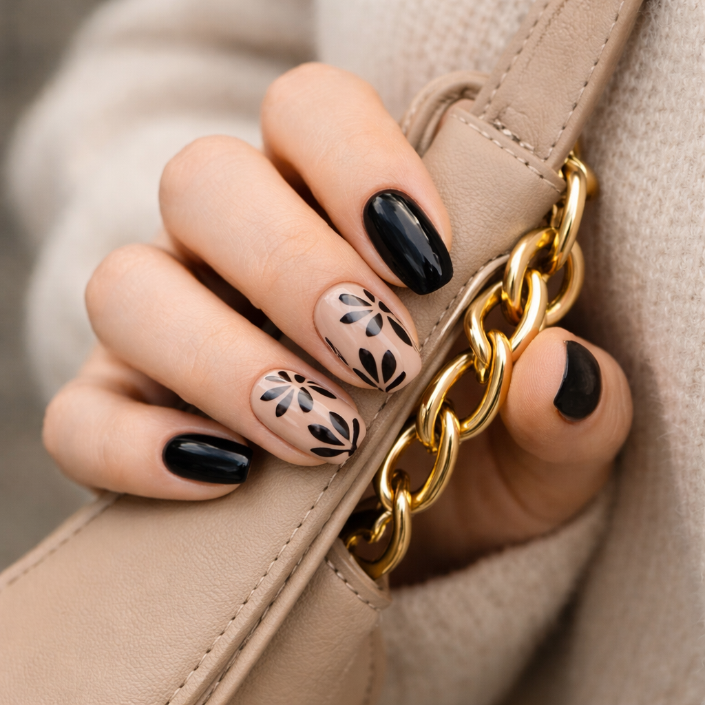 Black & nude botanical press-on nail set 🖤🌿