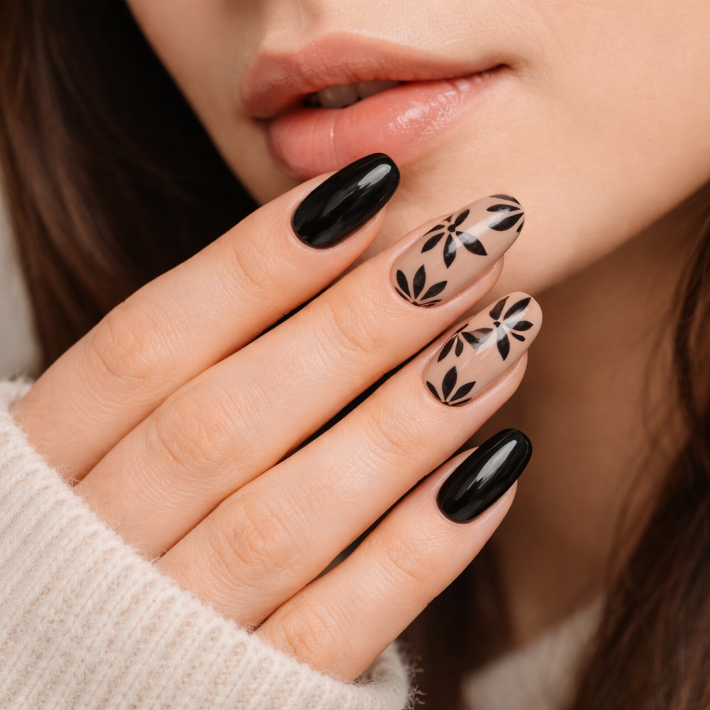 Black & nude botanical press-on nail set 🖤🌿