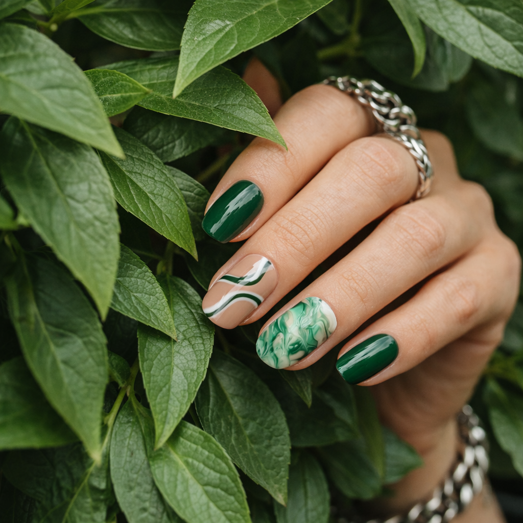 🌿 Emerald Swirl Marble Press-On Nails
