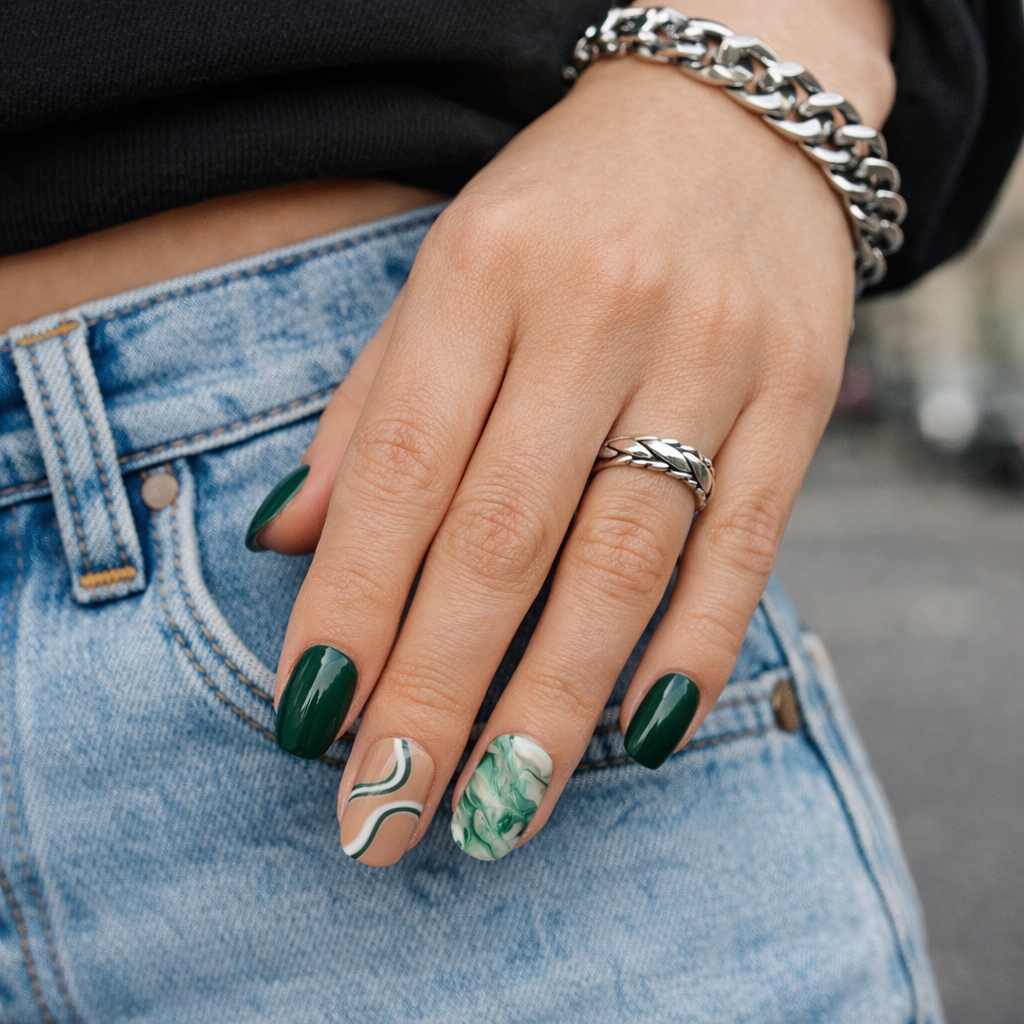 🌿 Emerald Swirl Marble Press-On Nails