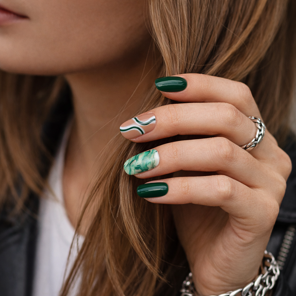 🌿 Emerald Swirl Marble Press-On Nails