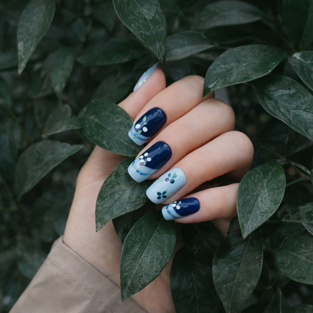 💙 Blue Blossom French Press-On Nails