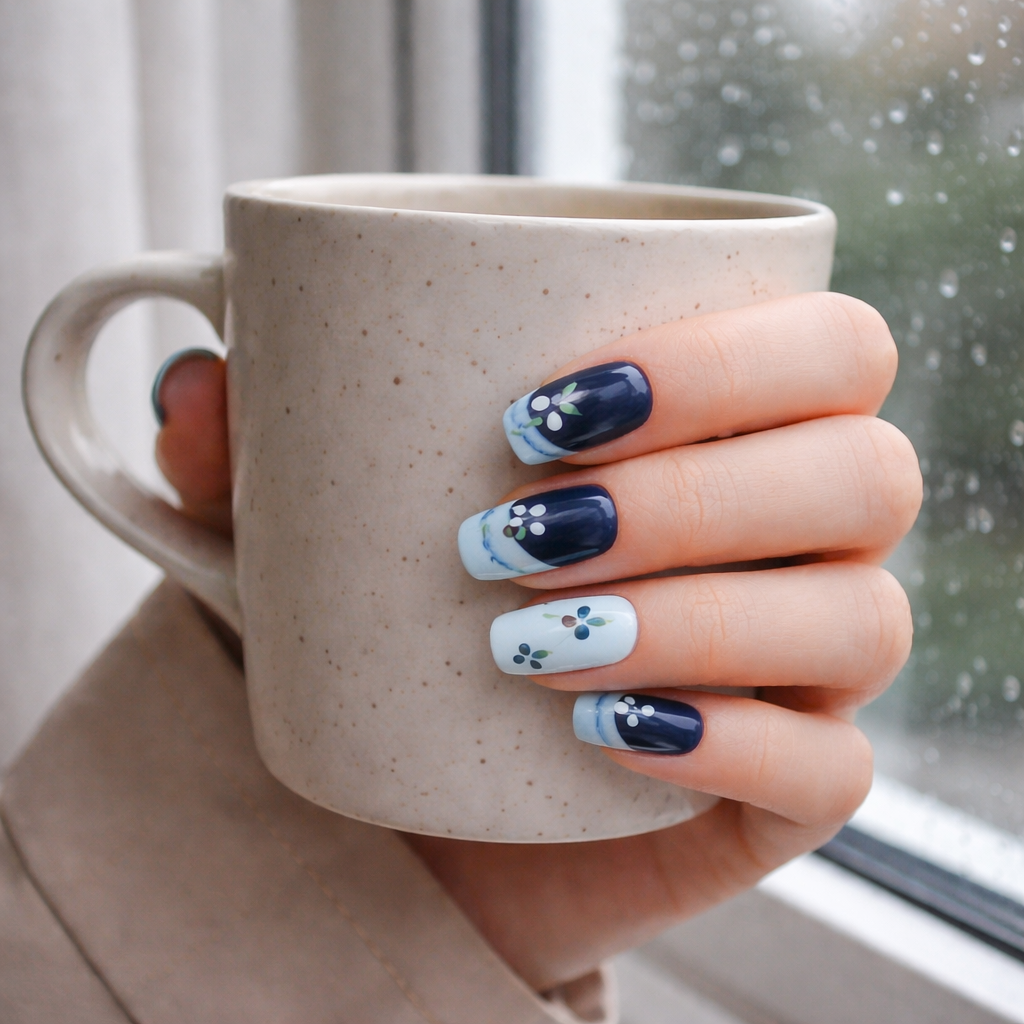 💙 Blue Blossom French Press-On Nails