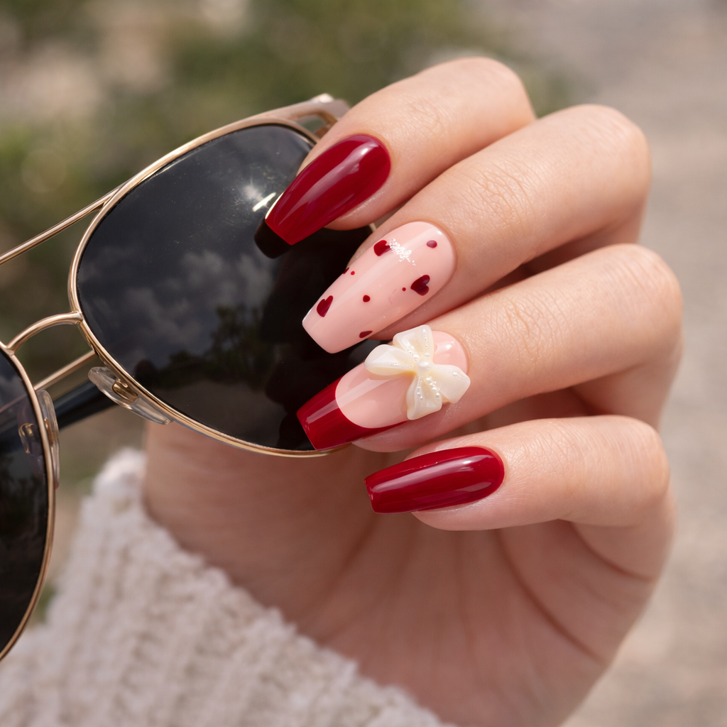 Scarlet Romance – Glossora Red & Nude Press-On Nails with 3D Floral Accent