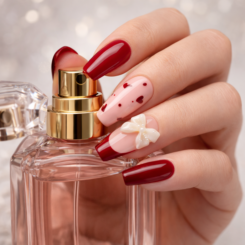 Scarlet Romance – Glossora Red & Nude Press-On Nails with 3D Floral Accent