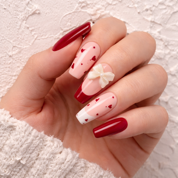 Scarlet Romance – Glossora Red & Nude Press-On Nails with 3D Floral Accent