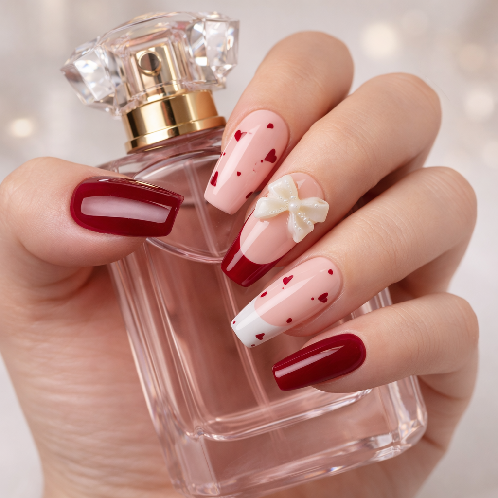 Scarlet Romance – Glossora Red & Nude Press-On Nails with 3D Floral Accent