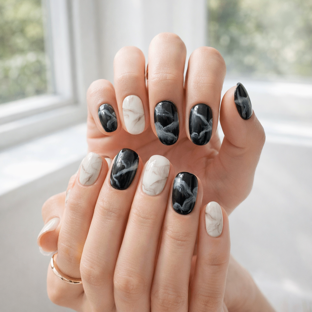 Black & White Minimalist Press-On Nails – Elegant Gloss Finish