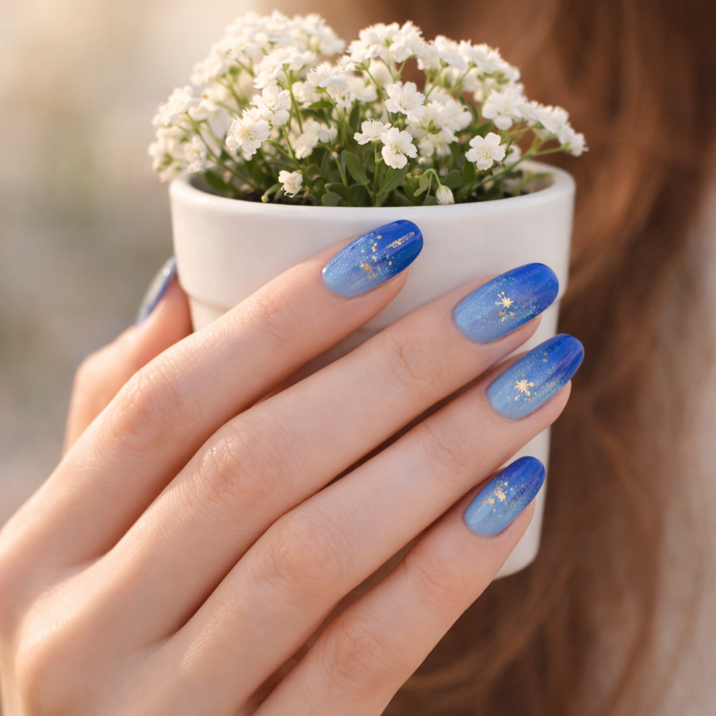 Blue ombré press-on nail set with subtle star accents 💙✨
