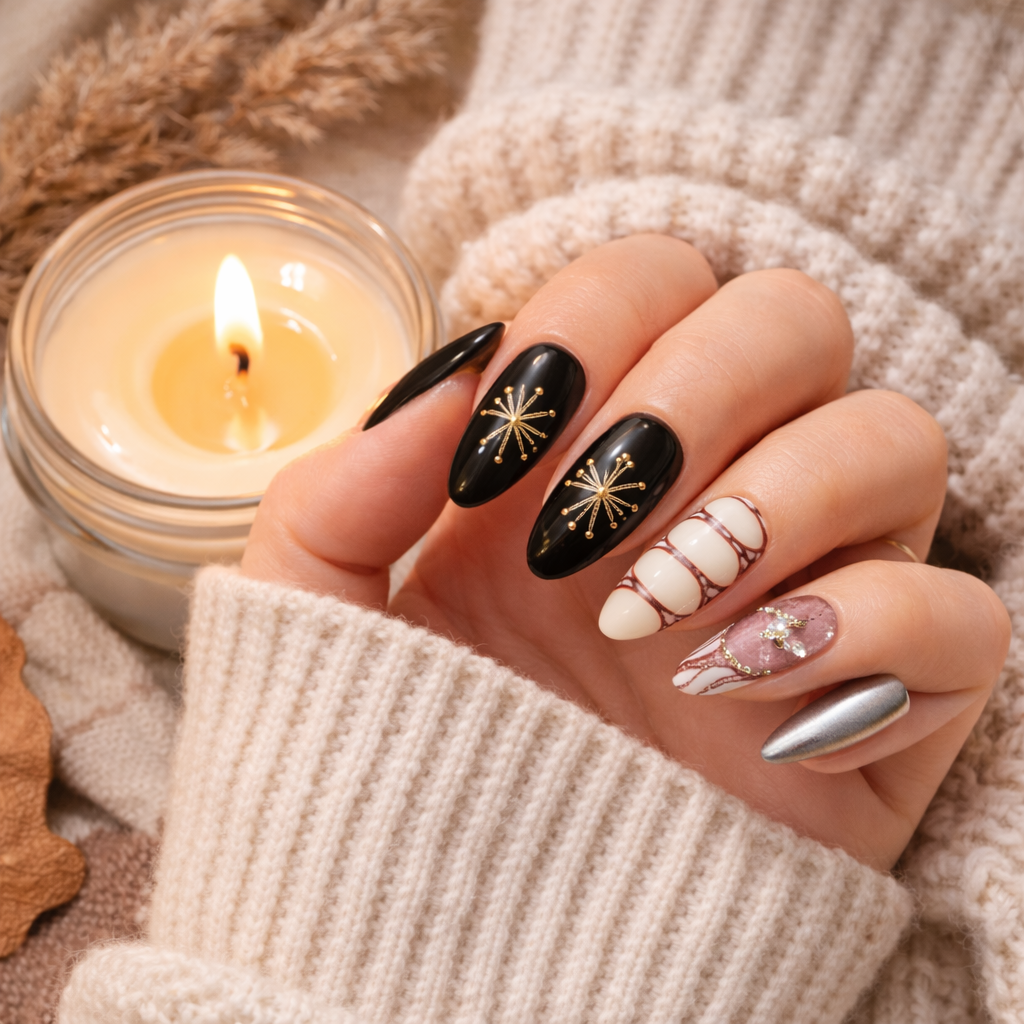 Black–ivory–rose mixed statement press-on nail set 🖤🌸✨