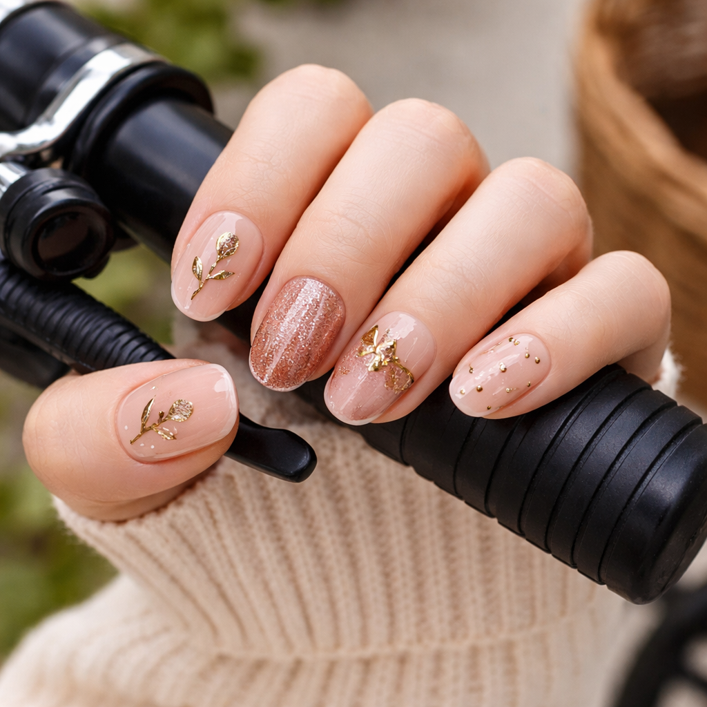Blush nude & rose-gold glitter press-on nail set with gold floral accents 🌸✨