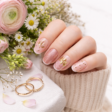 Blush nude & rose-gold glitter press-on nail set with gold floral accents 🌸✨