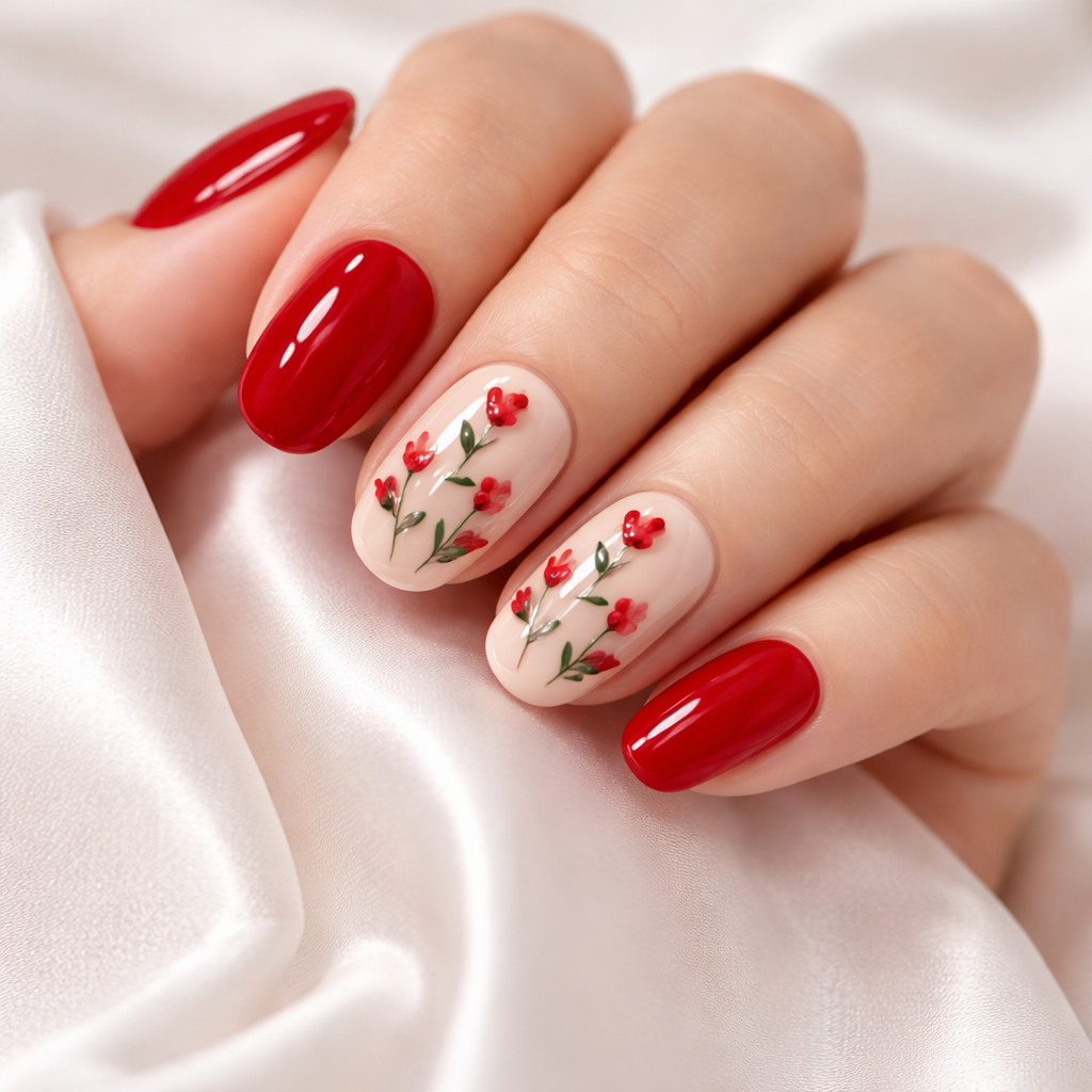 Scarlet Garden red glossy press-on nail set with delicate floral accents 🌹❤️