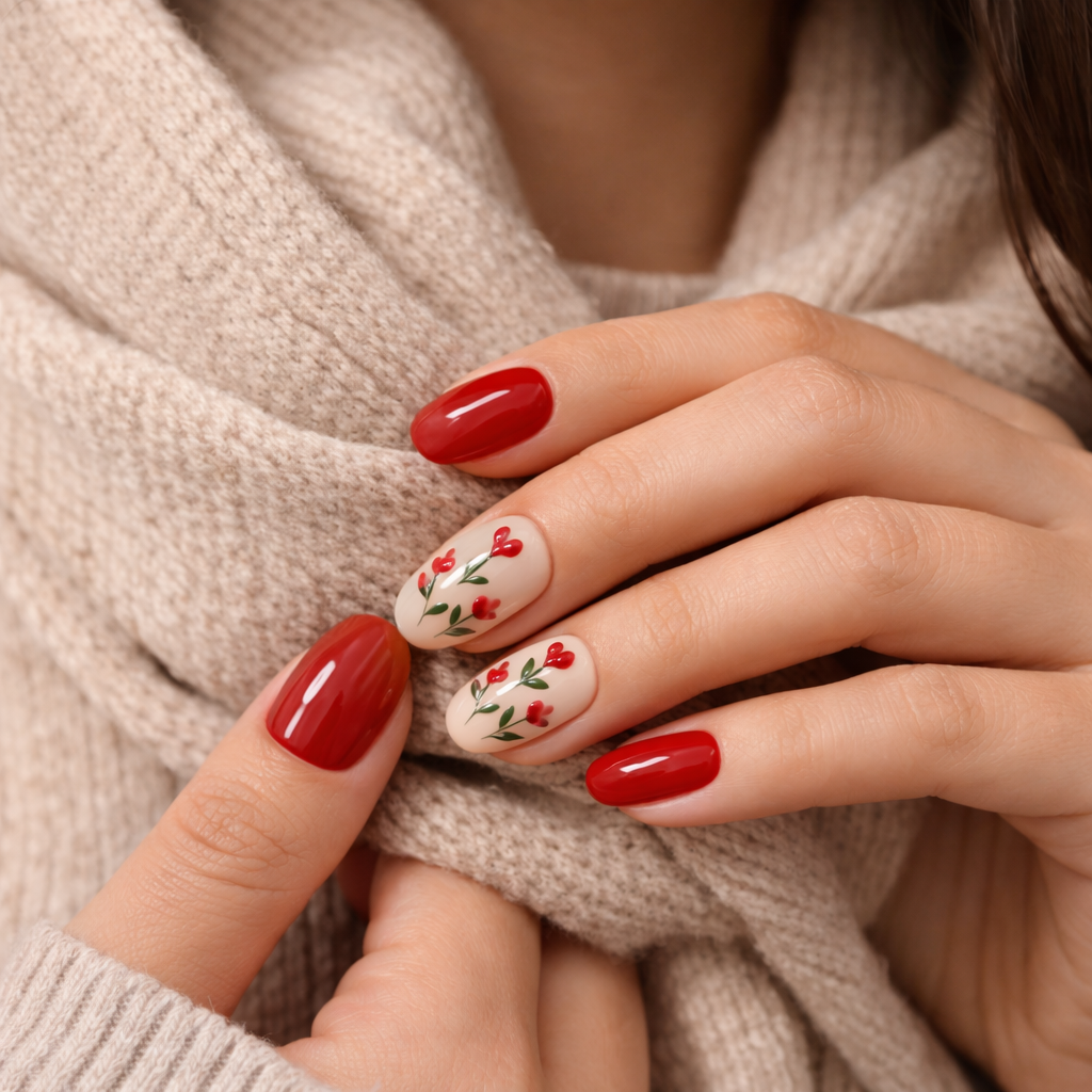Scarlet Garden red glossy press-on nail set with delicate floral accents 🌹❤️