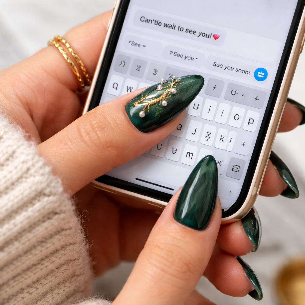 Smoky Mauve & Green Marble Press-On Nails – Subtle Glitter