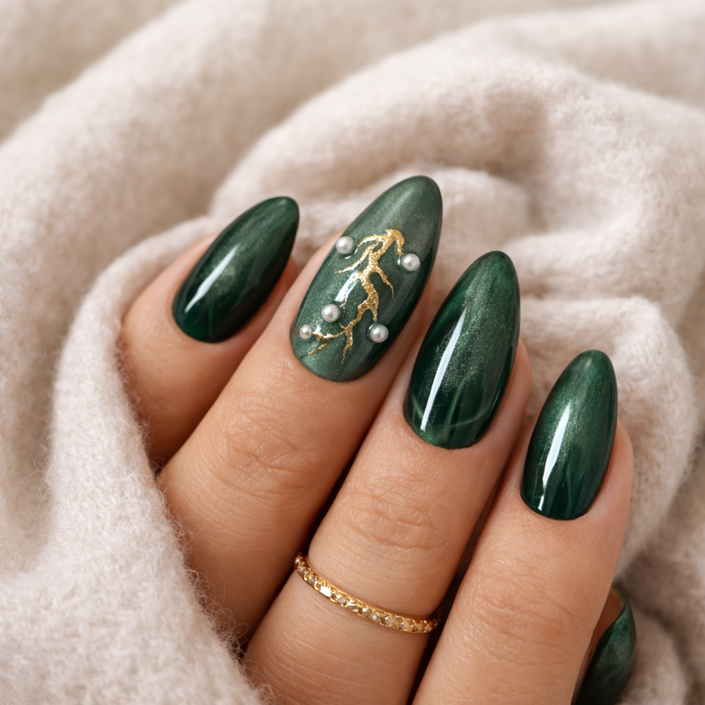 Smoky Mauve & Green Marble Press-On Nails – Subtle Glitter