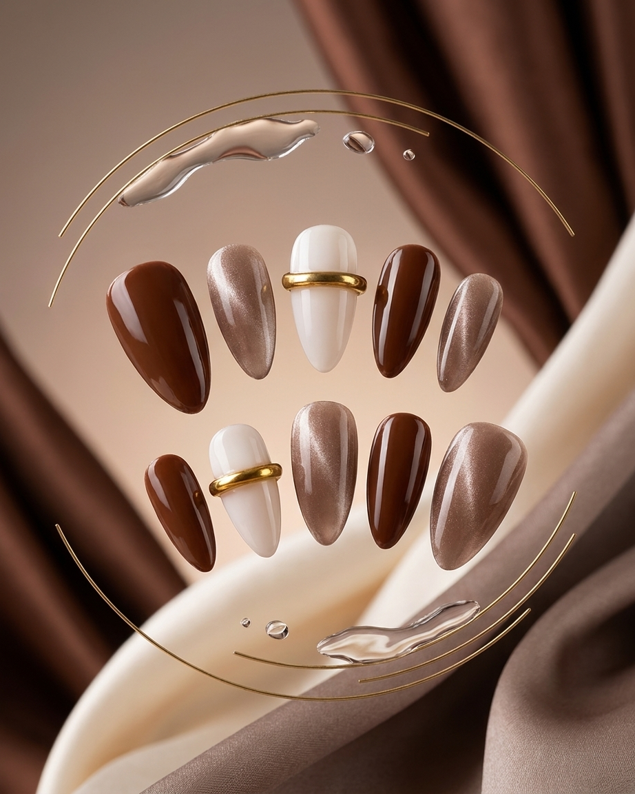 Golden mocha fusion handmade reusable press on nails by Glossora