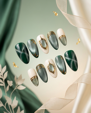Luxe green foil handmade reusable press on nails