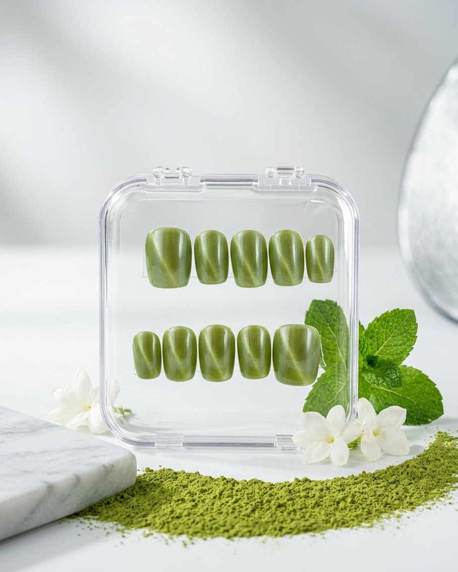 Matcha aura handmade reusable press on nails by Glossora