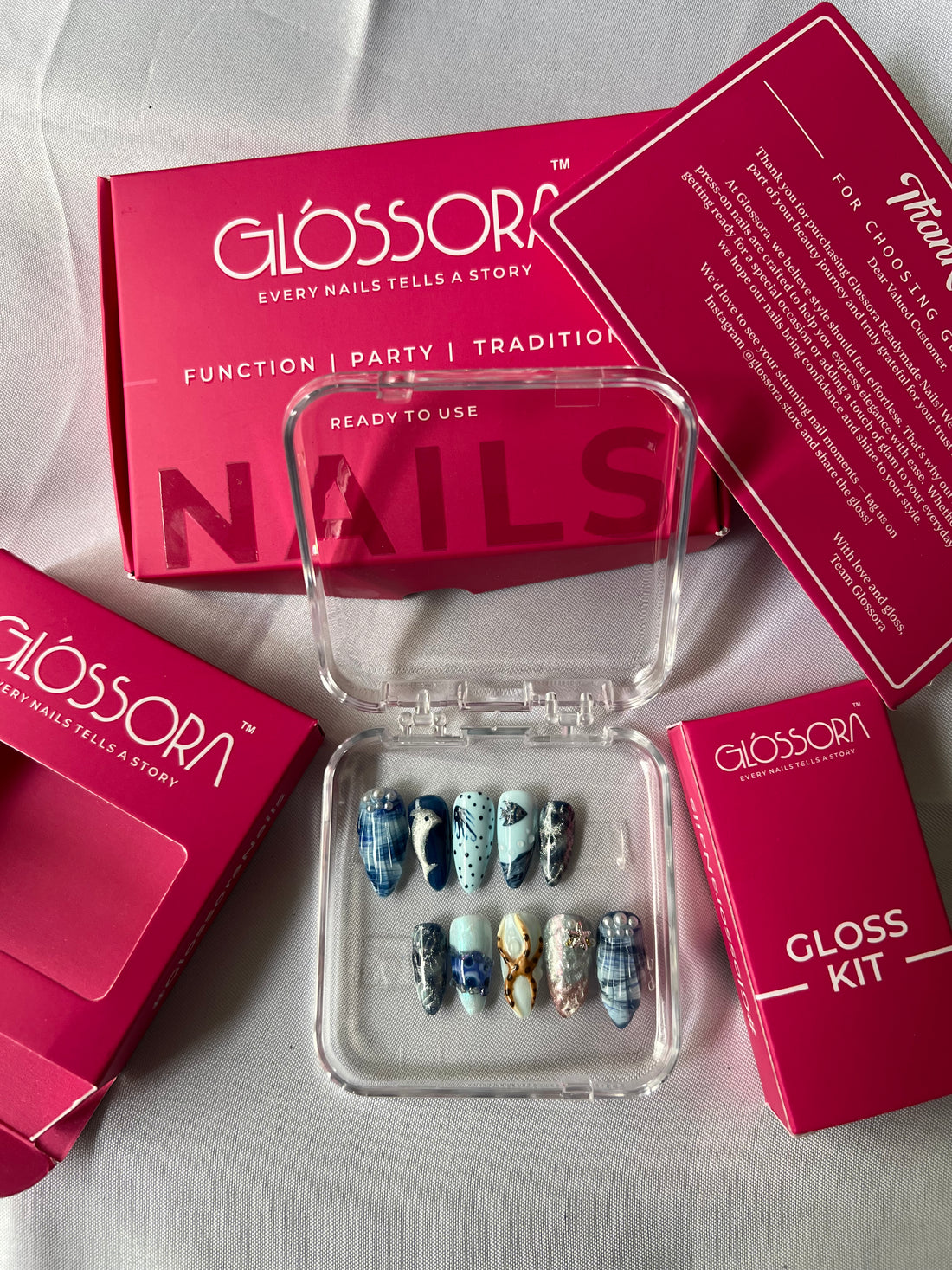Oceanic Charm – Glossora Blue & Pearl Press-On Nails with Nautical Art