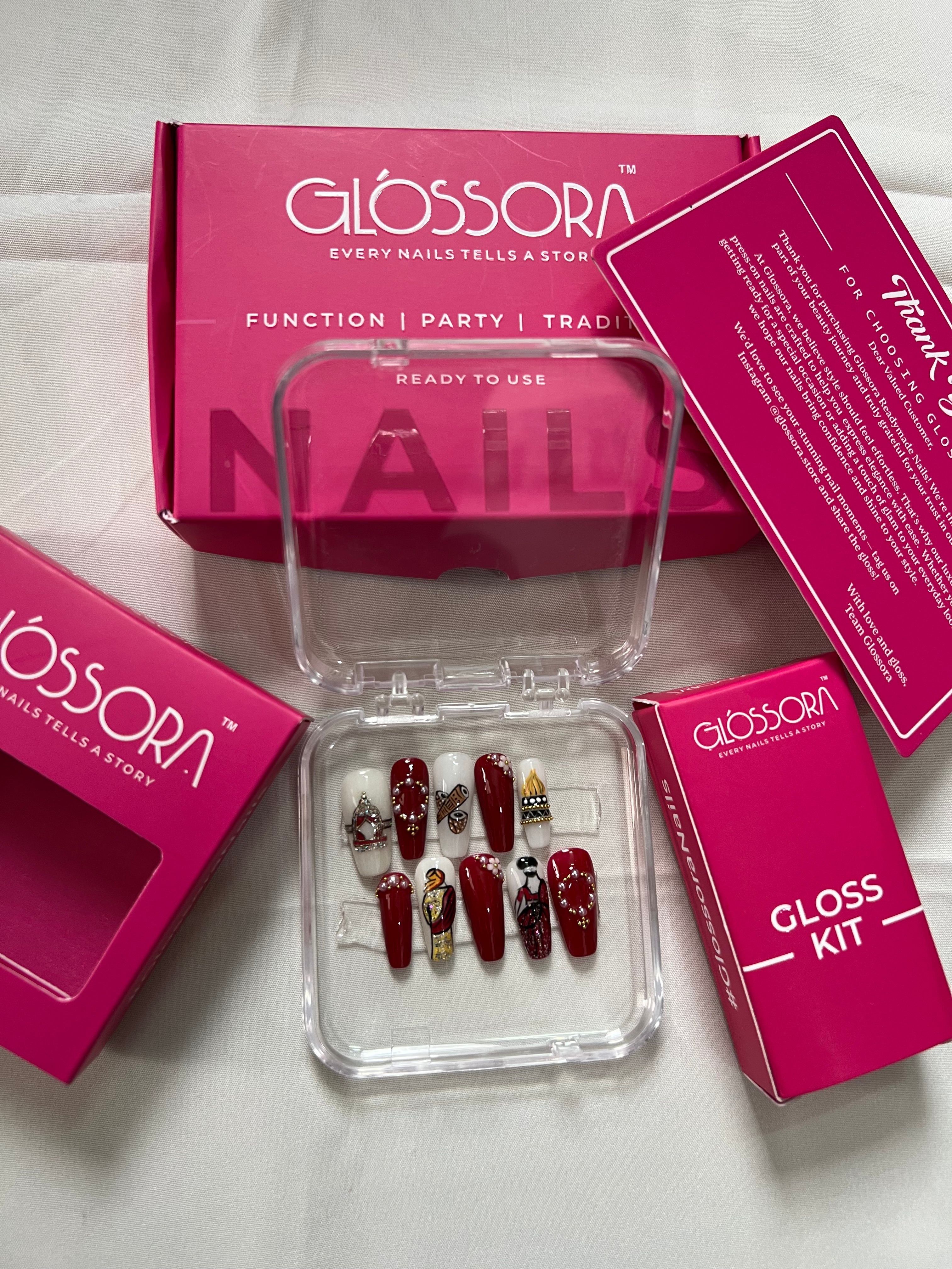 Regal Heritage Press-On Nails – Maroon & Gold Indian Art Set