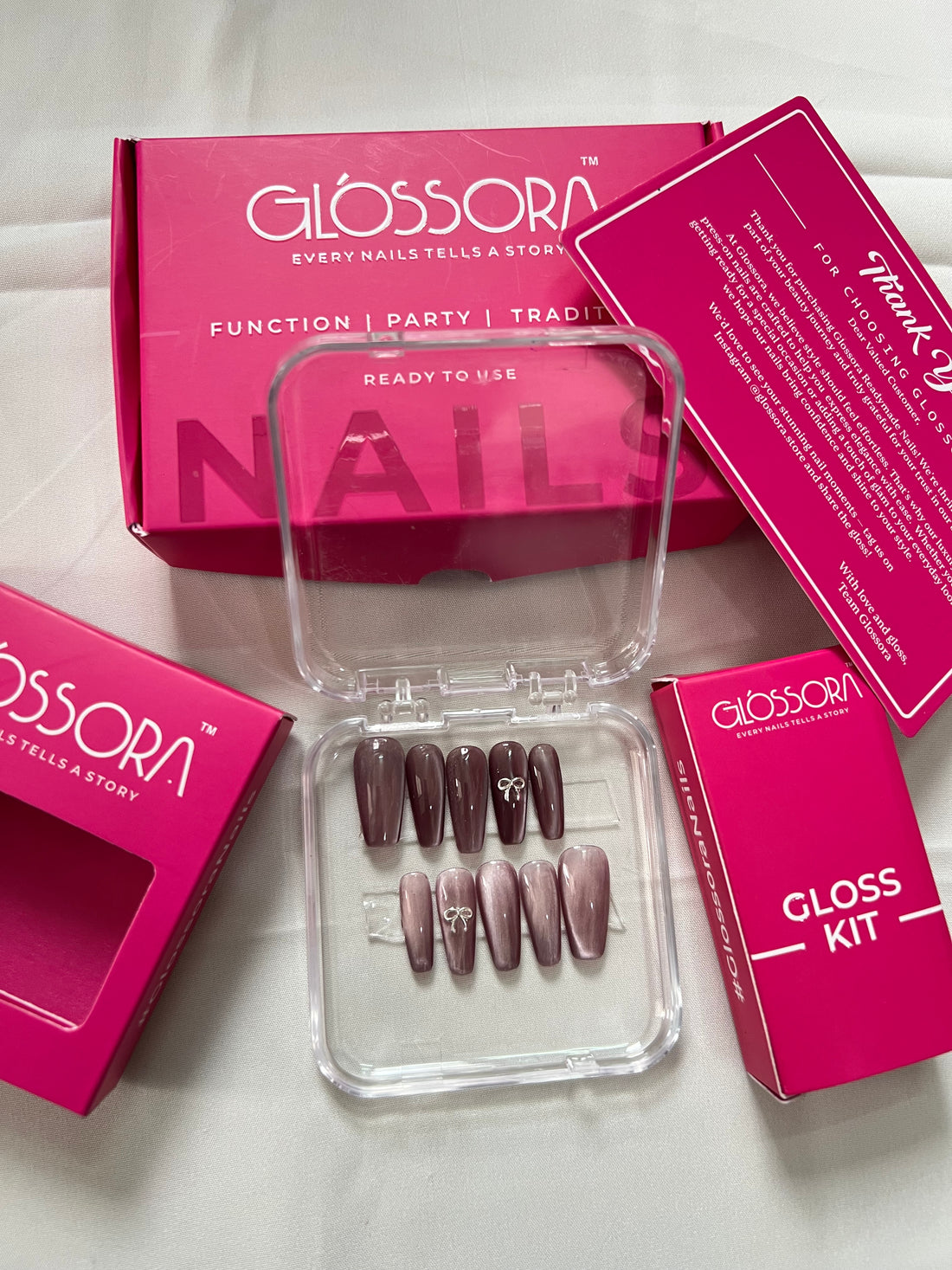 Twilight Bow Elegance – Shimmer Mauve Press-On Nails with 3D Bow Accent