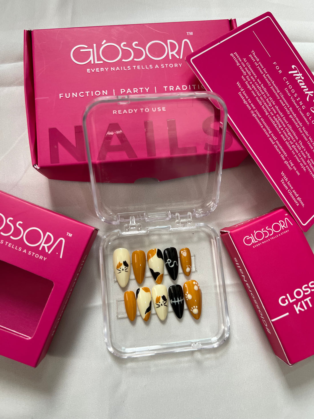 Halloween Cat Paw & Heartbeat Press-On Nails – Orange, Black & Cream Glossora Set