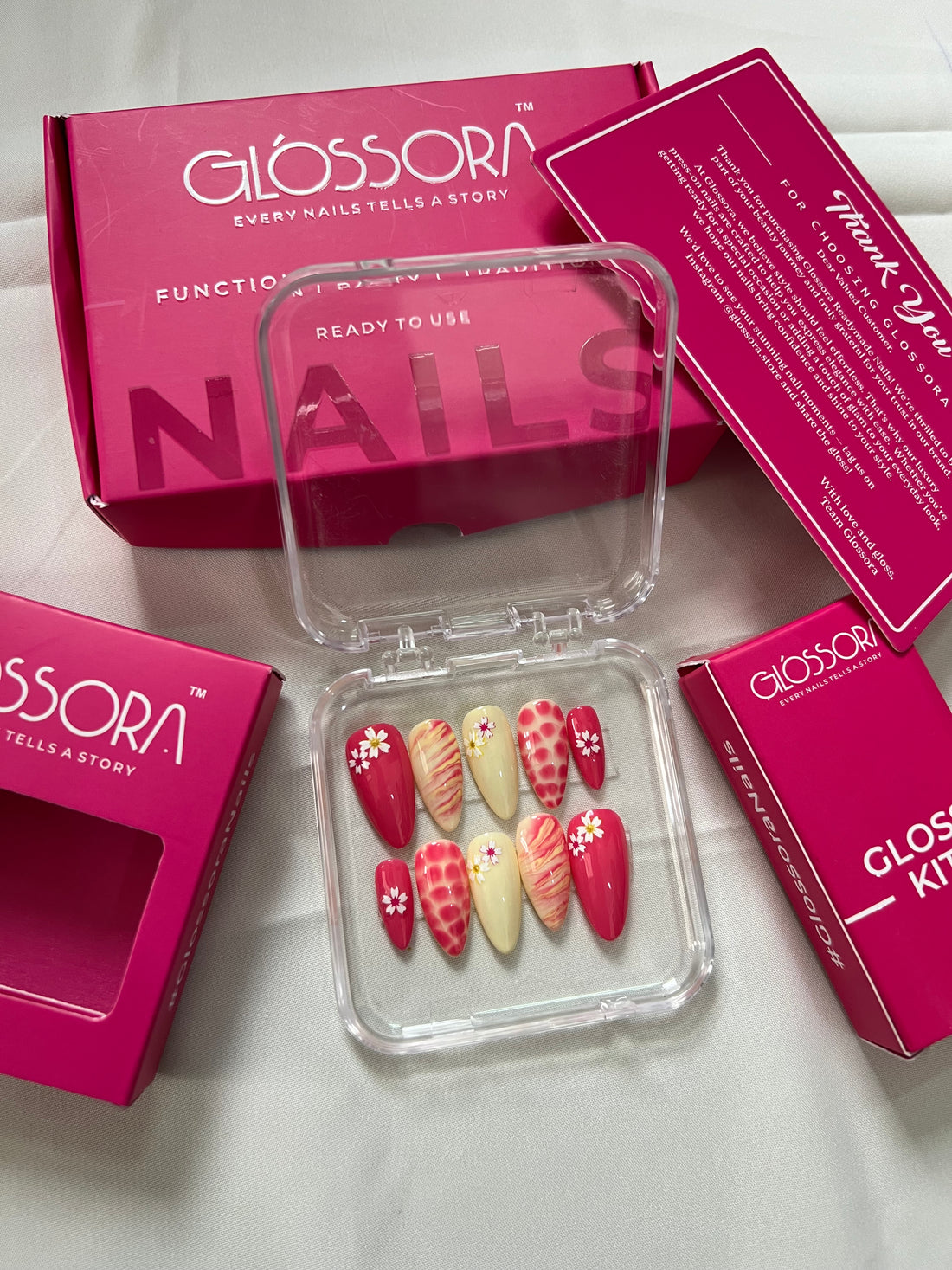 Glossora Red & Yellow Press-On Nails with Daisy Floral Art