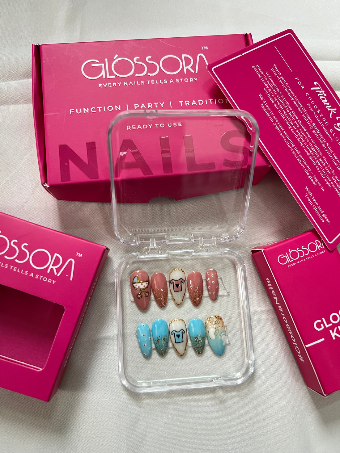 Zodiac Taurus Press-On Nails – Pastel Blue & Coral with Gold Glitter