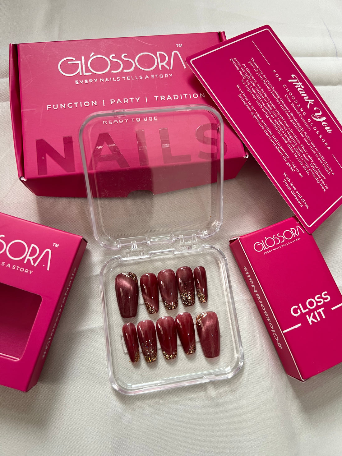 Glossora Burgundy Glitter Ombre Press-On Nails – Luxe Shimmer Manicure Set